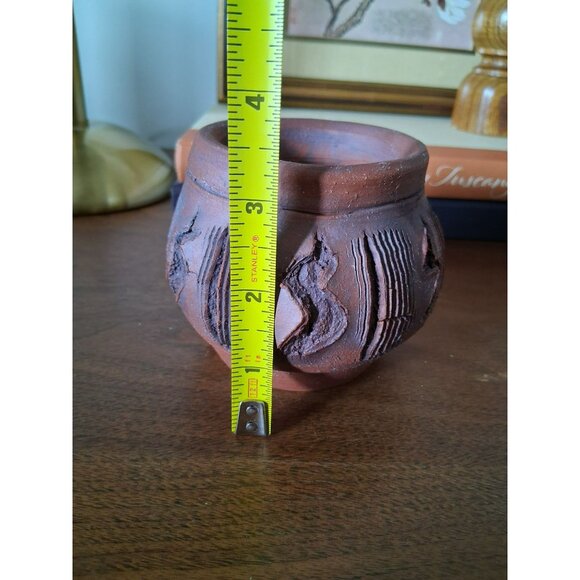 Vintage Handcrafted Terracotta Pot With Embossed Tribal Patterns Rustic Finish - Picture 7 of 8
